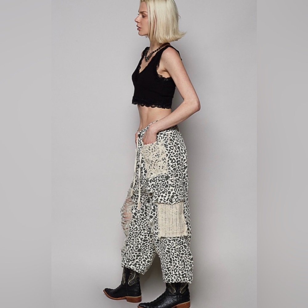 Pol Leopard Print Patchwork Distressed Crochet Jo… - image 1